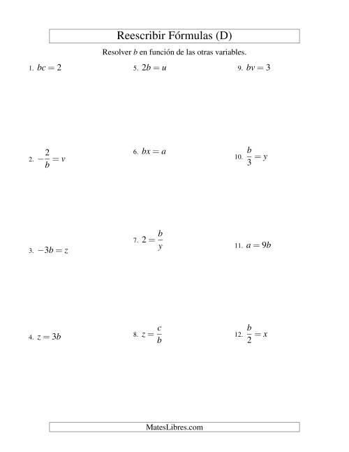 La hoja de ejercicios de Reescribir Fórmulas (multiplicación y división; un paso) (D)