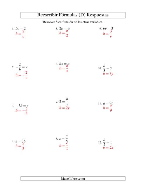 La hoja de ejercicios de Reescribir Fórmulas (multiplicación y división; un paso) (D) Página 2