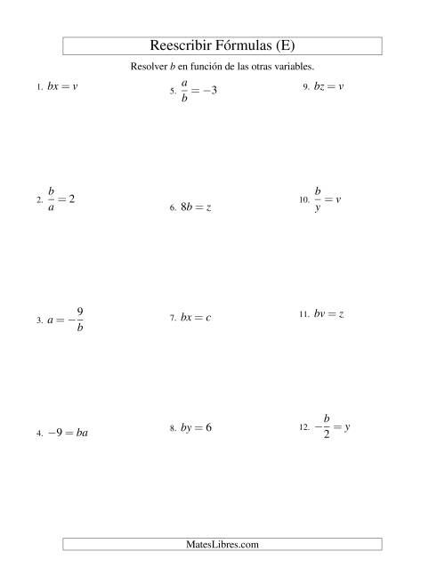 La hoja de ejercicios de Reescribir Fórmulas (multiplicación y división; un paso) (E)