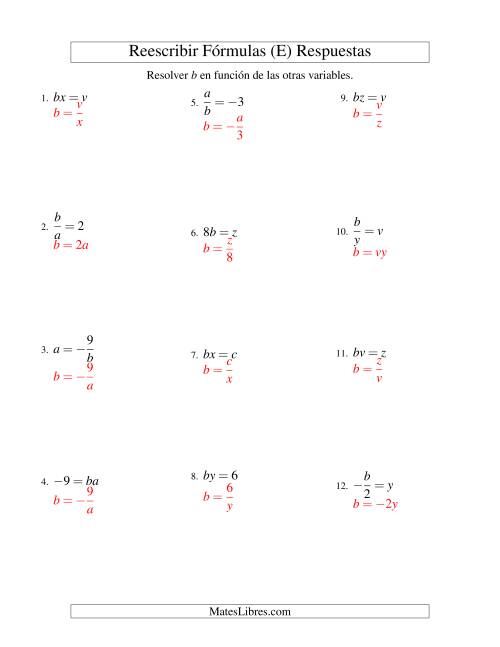 La hoja de ejercicios de Reescribir Fórmulas (multiplicación y división; un paso) (E) Página 2