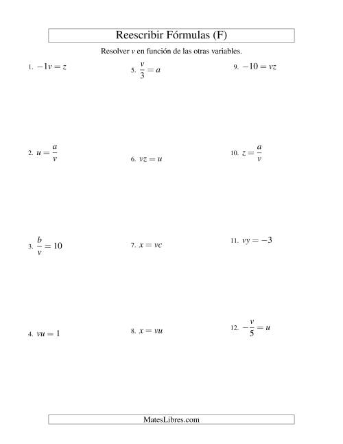 La hoja de ejercicios de Reescribir Fórmulas (multiplicación y división; un paso) (F)