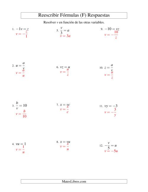 La hoja de ejercicios de Reescribir Fórmulas (multiplicación y división; un paso) (F) Página 2