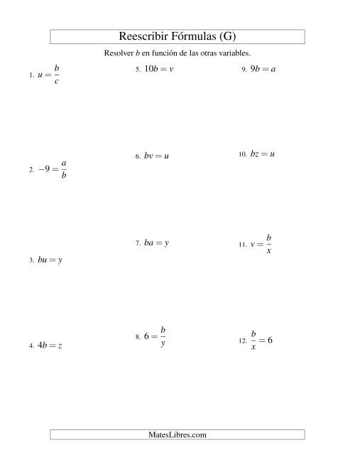 La hoja de ejercicios de Reescribir Fórmulas (multiplicación y división; un paso) (G)