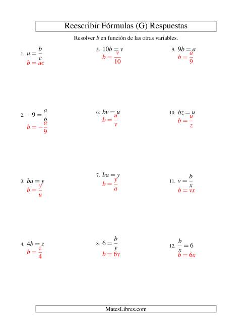 La hoja de ejercicios de Reescribir Fórmulas (multiplicación y división; un paso) (G) Página 2