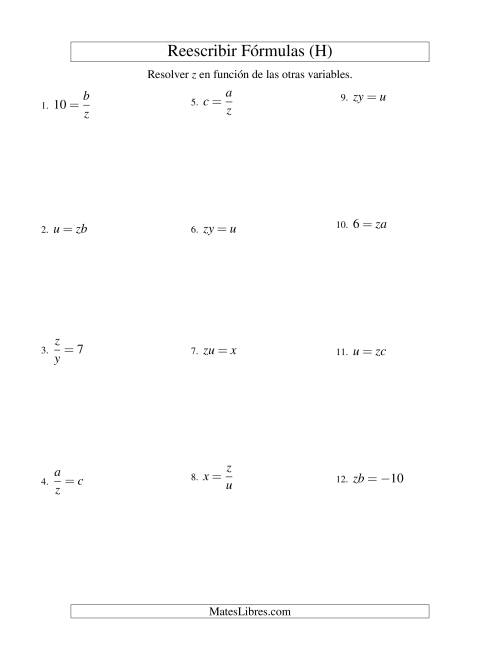 La hoja de ejercicios de Reescribir Fórmulas (multiplicación y división; un paso) (H)