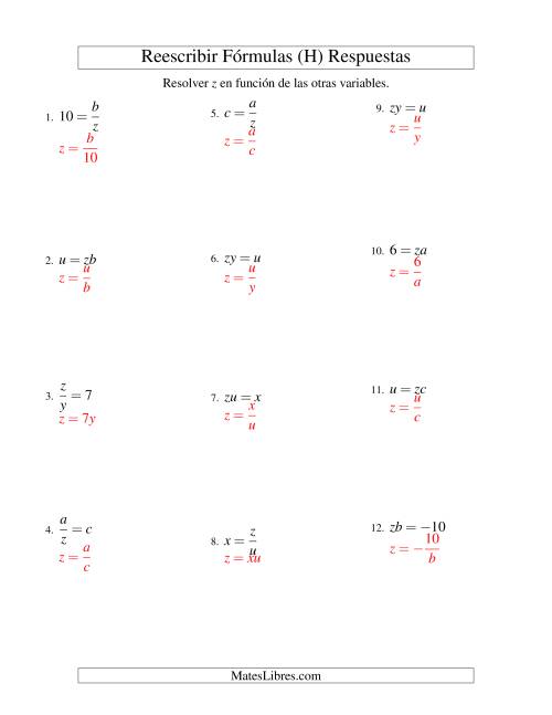 La hoja de ejercicios de Reescribir Fórmulas (multiplicación y división; un paso) (H) Página 2