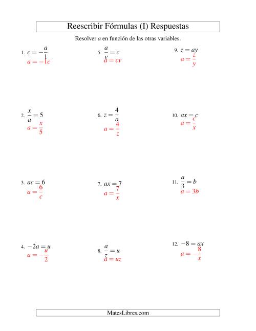 La hoja de ejercicios de Reescribir Fórmulas (multiplicación y división; un paso) (I) Página 2