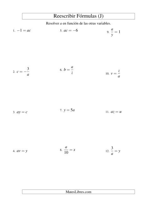 La hoja de ejercicios de Reescribir Fórmulas (multiplicación y división; un paso) (J)