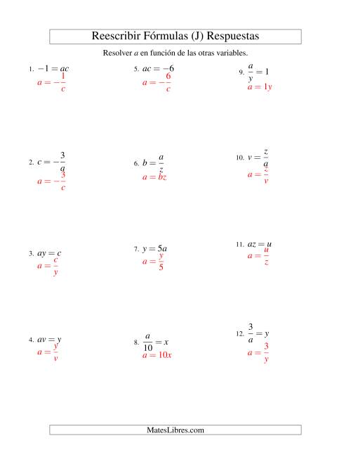 La hoja de ejercicios de Reescribir Fórmulas (multiplicación y división; un paso) (J) Página 2
