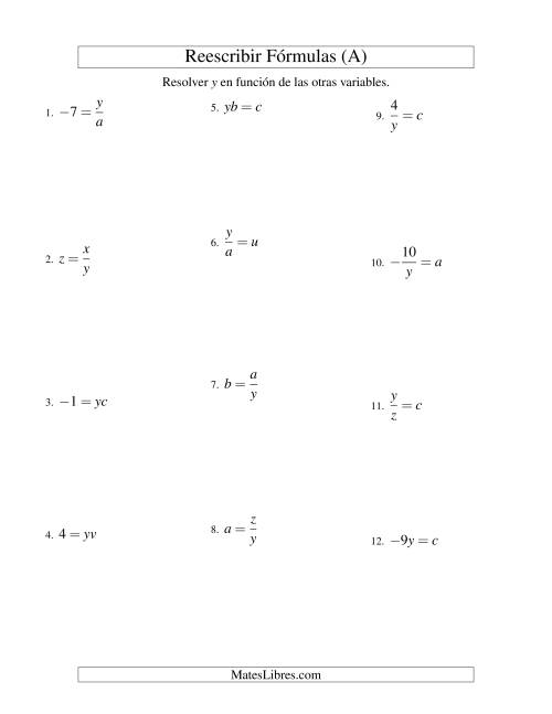 La hoja de ejercicios de Reescribir Fórmulas (multiplicación y división; un paso) (Todas)
