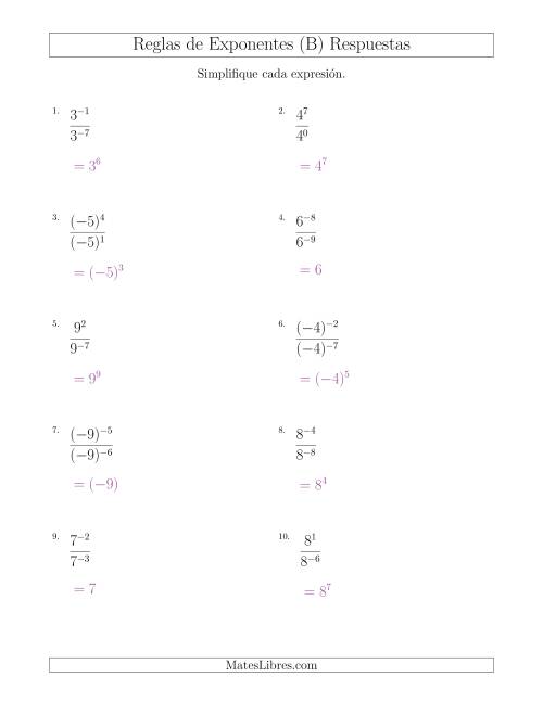 La hoja de ejercicios de Dividir Exponentes con un Mayor Exponente en el Dividendo (Con Negativos) (B) Página 2