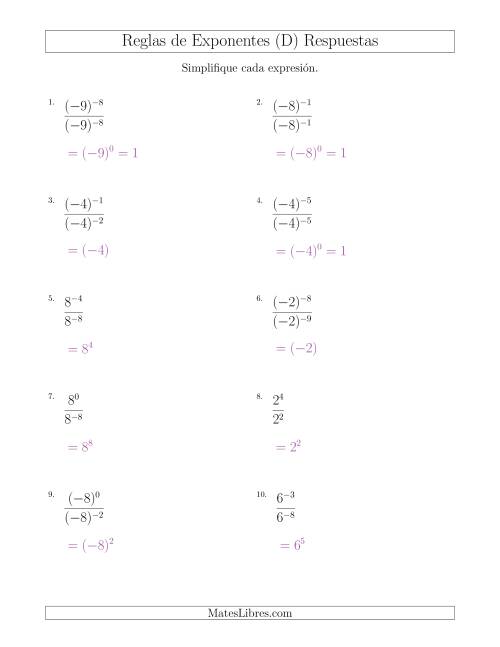 La hoja de ejercicios de Dividir Exponentes con un Mayor Exponente en el Dividendo (Con Negativos) (D) Página 2