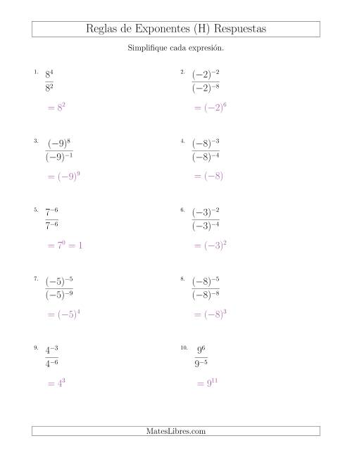 La hoja de ejercicios de Dividir Exponentes con un Mayor Exponente en el Dividendo (Con Negativos) (H) Página 2