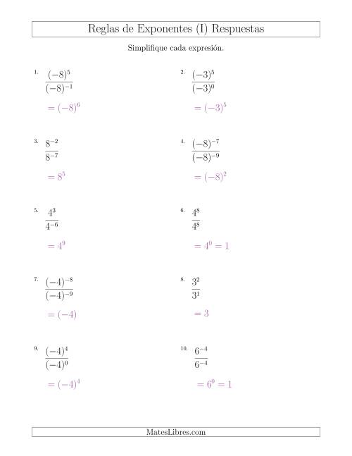 La hoja de ejercicios de Dividir Exponentes con un Mayor Exponente en el Dividendo (Con Negativos) (I) Página 2