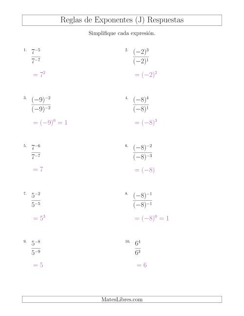 La hoja de ejercicios de Dividir Exponentes con un Mayor Exponente en el Dividendo (Con Negativos) (J) Página 2