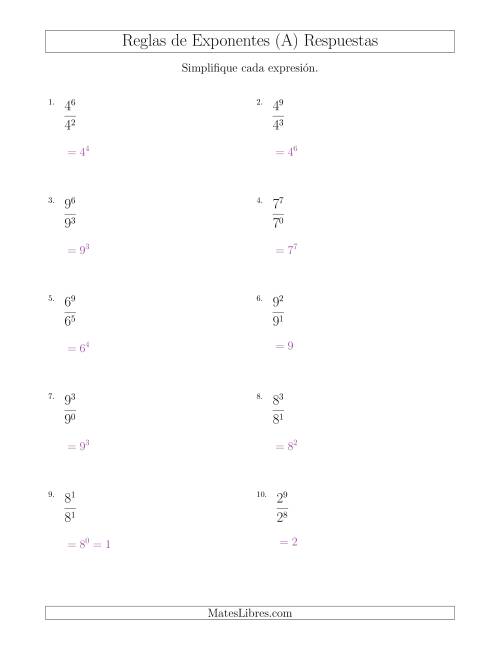 La hoja de ejercicios de Dividir Exponentes con un Mayor Exponente en el Dividendo (Todos Positivos) (A) Página 2