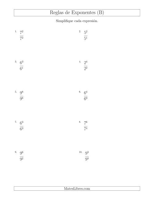 La hoja de ejercicios de Dividir Exponentes con un Mayor Exponente en el Dividendo (Todos Positivos) (B)
