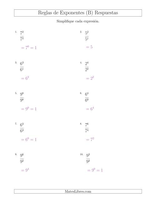 La hoja de ejercicios de Dividir Exponentes con un Mayor Exponente en el Dividendo (Todos Positivos) (B) Página 2