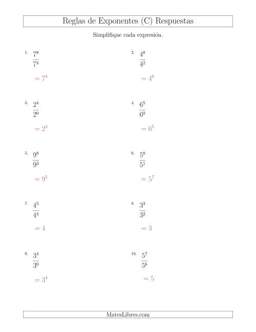 La hoja de ejercicios de Dividir Exponentes con un Mayor Exponente en el Dividendo (Todos Positivos) (C) Página 2