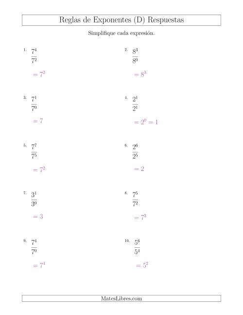 La hoja de ejercicios de Dividir Exponentes con un Mayor Exponente en el Dividendo (Todos Positivos) (D) Página 2