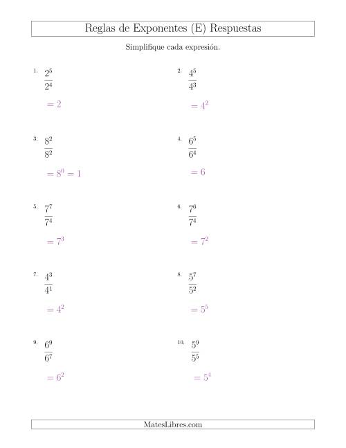 La hoja de ejercicios de Dividir Exponentes con un Mayor Exponente en el Dividendo (Todos Positivos) (E) Página 2