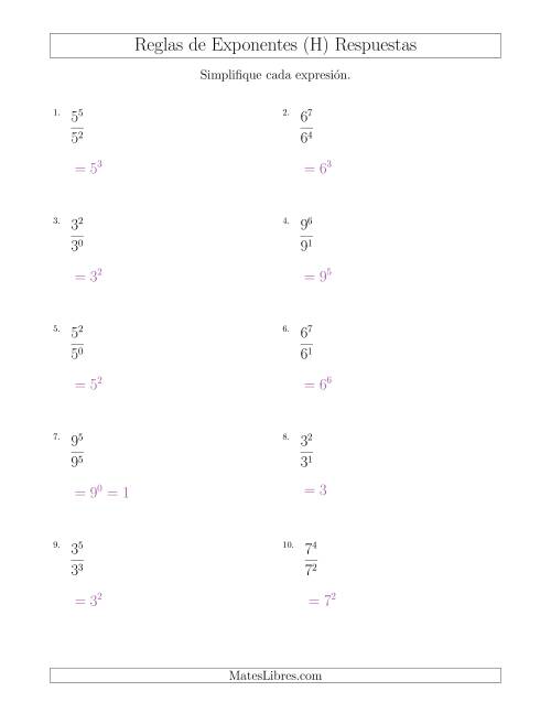 La hoja de ejercicios de Dividir Exponentes con un Mayor Exponente en el Dividendo (Todos Positivos) (H) Página 2