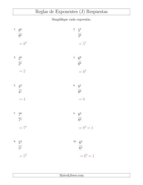 La hoja de ejercicios de Dividir Exponentes con un Mayor Exponente en el Dividendo (Todos Positivos) (J) Página 2