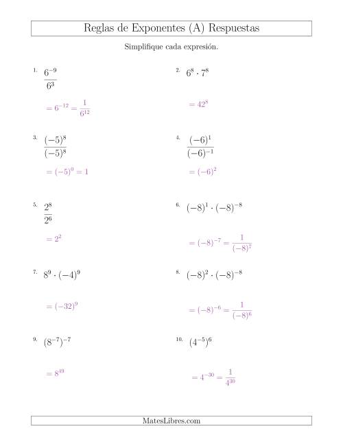La hoja de ejercicios de Reglas Mixtas de Exponentes (Con Negativos) (A) Página 2