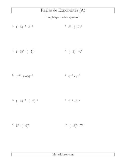 La hoja de ejercicios de Multiplicar el Mismo Exponente con Diferentes Bases (Con Negativos) (A)
