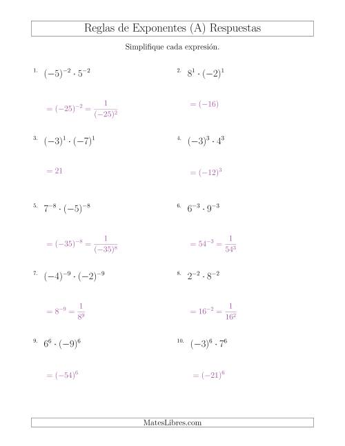 La hoja de ejercicios de Multiplicar el Mismo Exponente con Diferentes Bases (Con Negativos) (A) Página 2