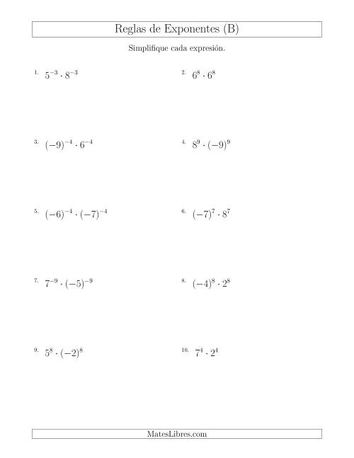 La hoja de ejercicios de Multiplicar el Mismo Exponente con Diferentes Bases (Con Negativos) (B)