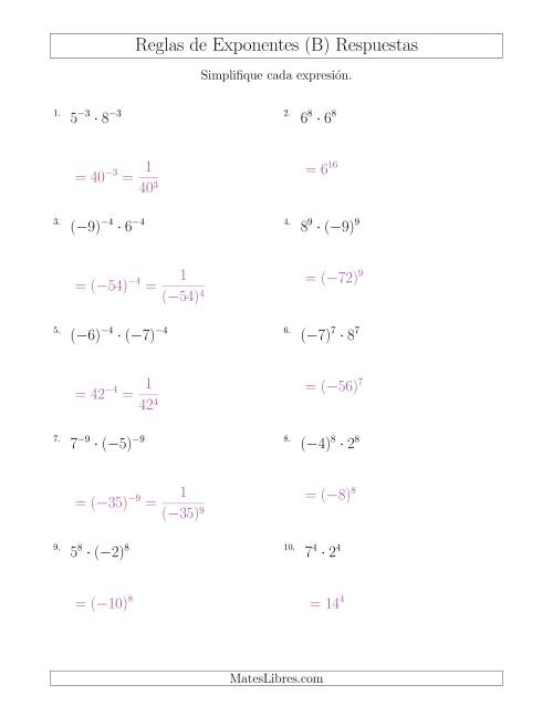 La hoja de ejercicios de Multiplicar el Mismo Exponente con Diferentes Bases (Con Negativos) (B) Página 2