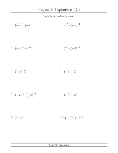 La hoja de ejercicios de Multiplicar el Mismo Exponente con Diferentes Bases (Con Negativos) (C)