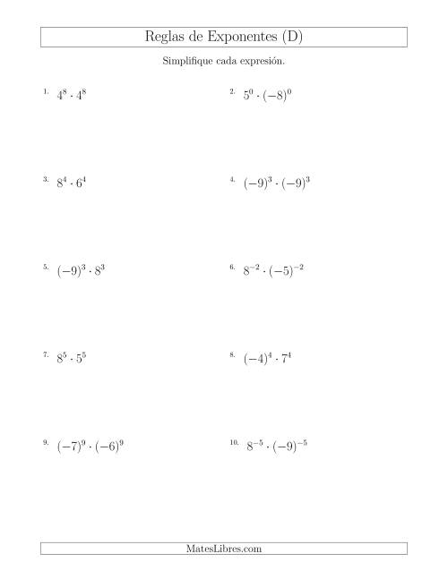 La hoja de ejercicios de Multiplicar el Mismo Exponente con Diferentes Bases (Con Negativos) (D)