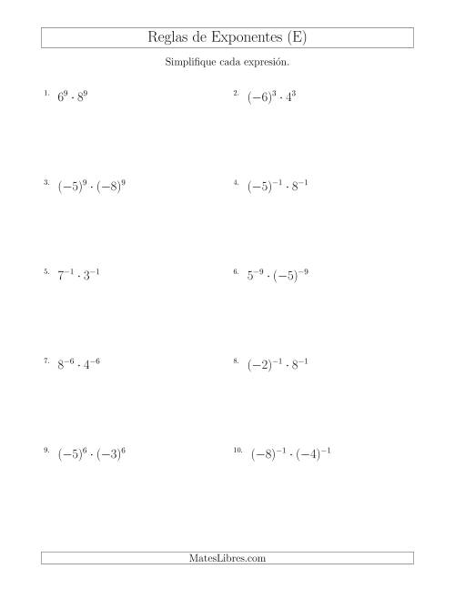 La hoja de ejercicios de Multiplicar el Mismo Exponente con Diferentes Bases (Con Negativos) (E)