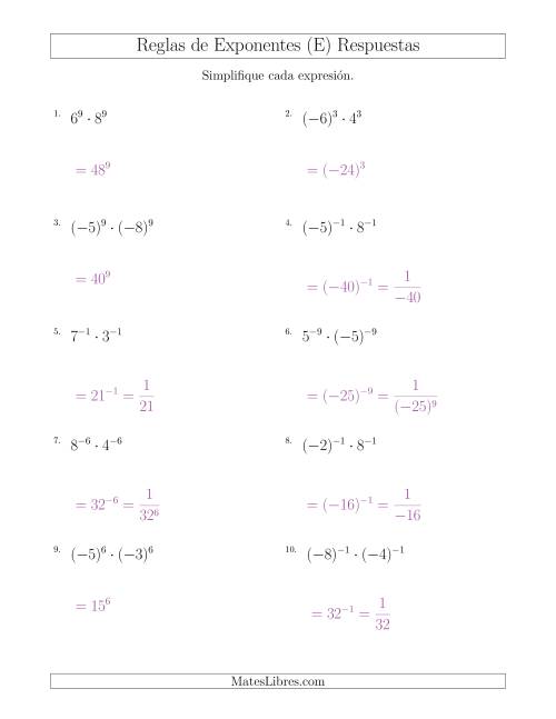 La hoja de ejercicios de Multiplicar el Mismo Exponente con Diferentes Bases (Con Negativos) (E) Página 2