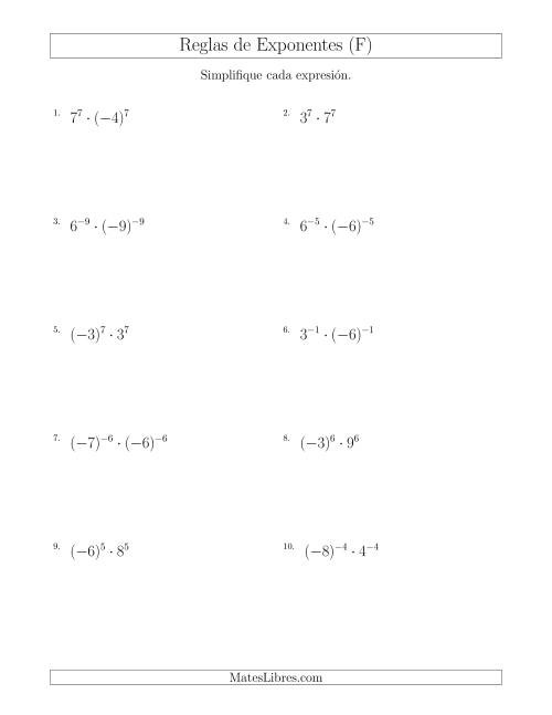 La hoja de ejercicios de Multiplicar el Mismo Exponente con Diferentes Bases (Con Negativos) (F)