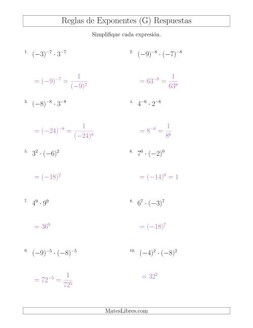 La hoja de ejercicios de Multiplicar el Mismo Exponente con Diferentes Bases (Con Negativos) (G) Página 2