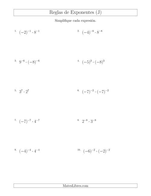 La hoja de ejercicios de Multiplicar el Mismo Exponente con Diferentes Bases (Con Negativos) (J)