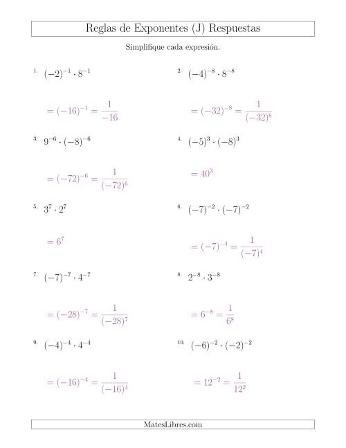 La hoja de ejercicios de Multiplicar el Mismo Exponente con Diferentes Bases (Con Negativos) (J) Página 2