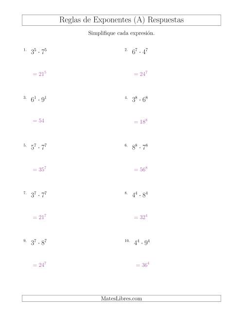La hoja de ejercicios de Multiplicar el Mismo Exponente con Diferentes Bases (Todos Positivos) (A) Página 2