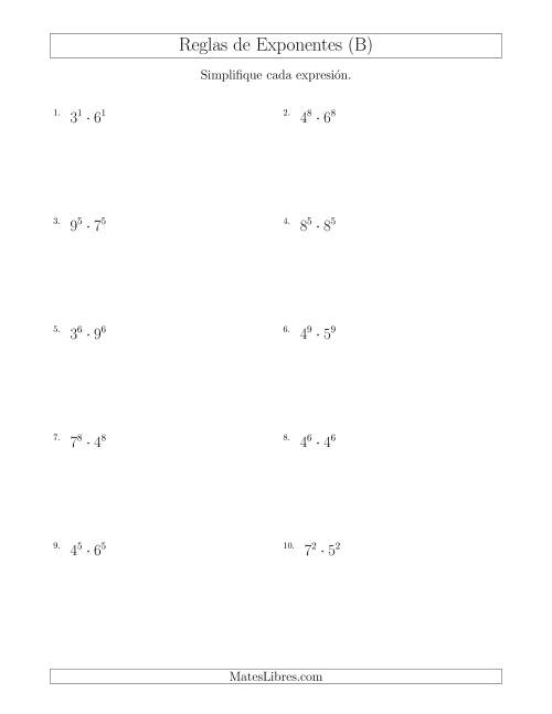 La hoja de ejercicios de Multiplicar el Mismo Exponente con Diferentes Bases (Todos Positivos) (B)