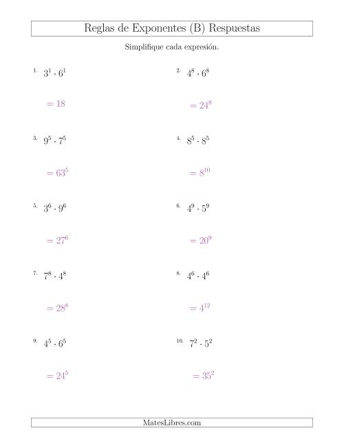 La hoja de ejercicios de Multiplicar el Mismo Exponente con Diferentes Bases (Todos Positivos) (B) Página 2