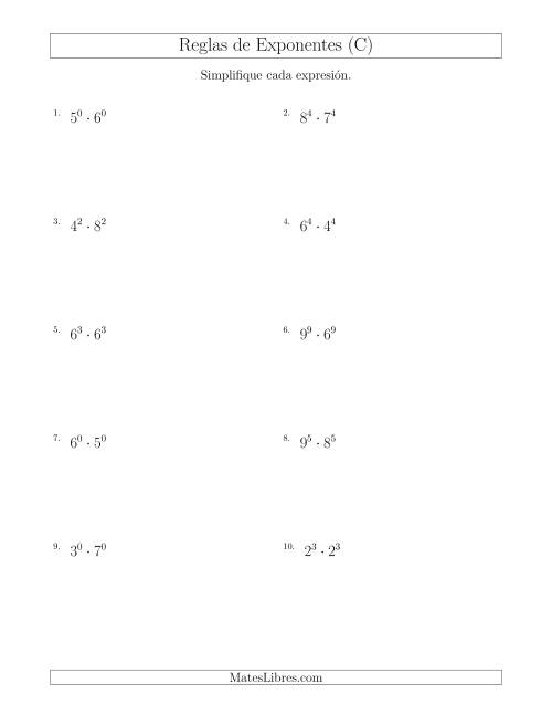 La hoja de ejercicios de Multiplicar el Mismo Exponente con Diferentes Bases (Todos Positivos) (C)