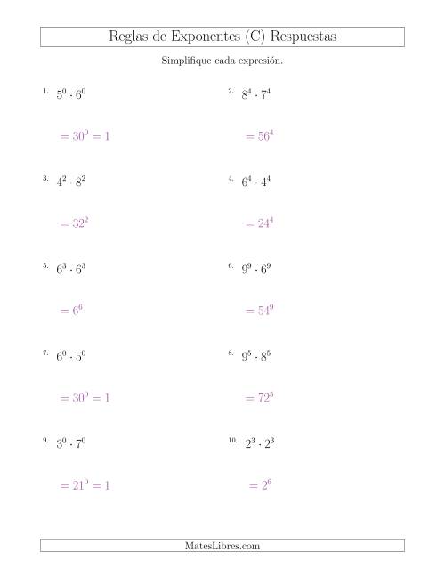 La hoja de ejercicios de Multiplicar el Mismo Exponente con Diferentes Bases (Todos Positivos) (C) Página 2
