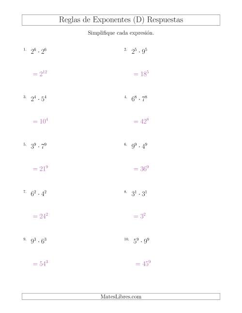 La hoja de ejercicios de Multiplicar el Mismo Exponente con Diferentes Bases (Todos Positivos) (D) Página 2