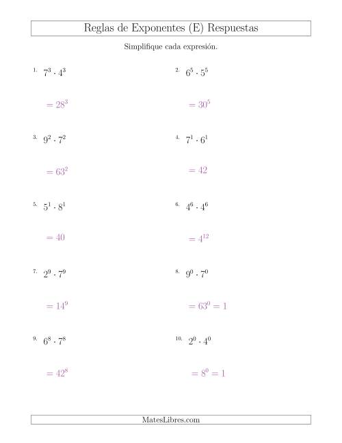 La hoja de ejercicios de Multiplicar el Mismo Exponente con Diferentes Bases (Todos Positivos) (E) Página 2
