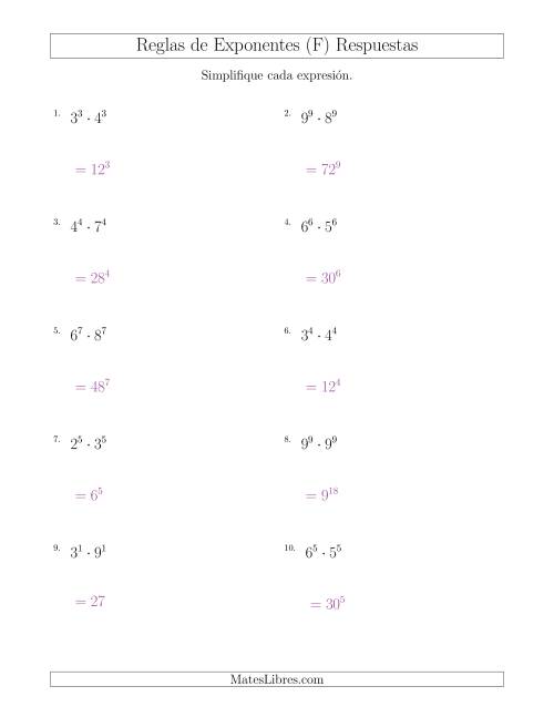 La hoja de ejercicios de Multiplicar el Mismo Exponente con Diferentes Bases (Todos Positivos) (F) Página 2