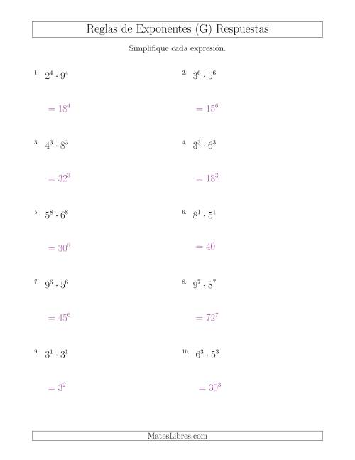 La hoja de ejercicios de Multiplicar el Mismo Exponente con Diferentes Bases (Todos Positivos) (G) Página 2