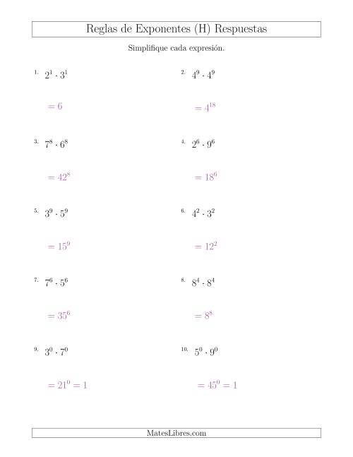 La hoja de ejercicios de Multiplicar el Mismo Exponente con Diferentes Bases (Todos Positivos) (H) Página 2